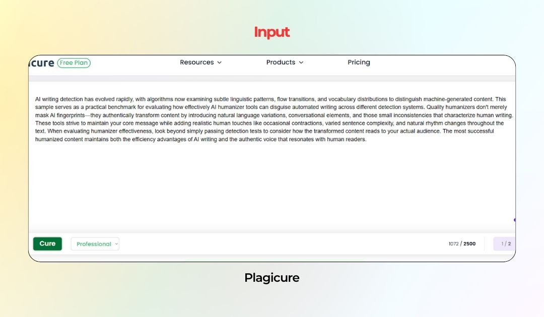Plagicure humanizer AI Tool Input testing