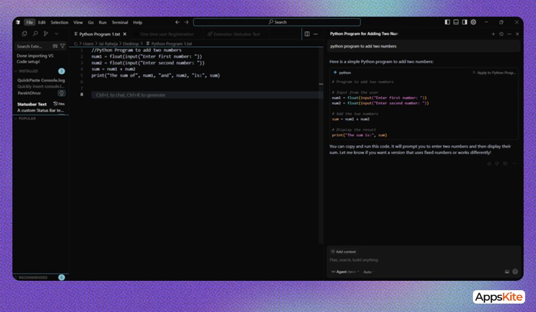 Adding two numbers program in Cursor Ai