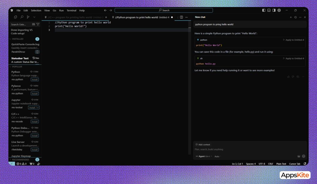 Running hello world program in Cursor Ai editor
